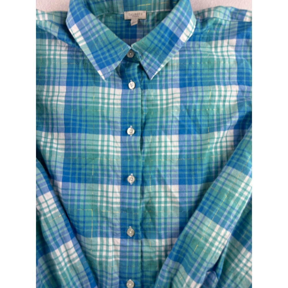 Talbots Plus Size 2X Plaid Button Down Shirt Blue Green Gold Sparkle Long Sleeve - Picture 3 of 7